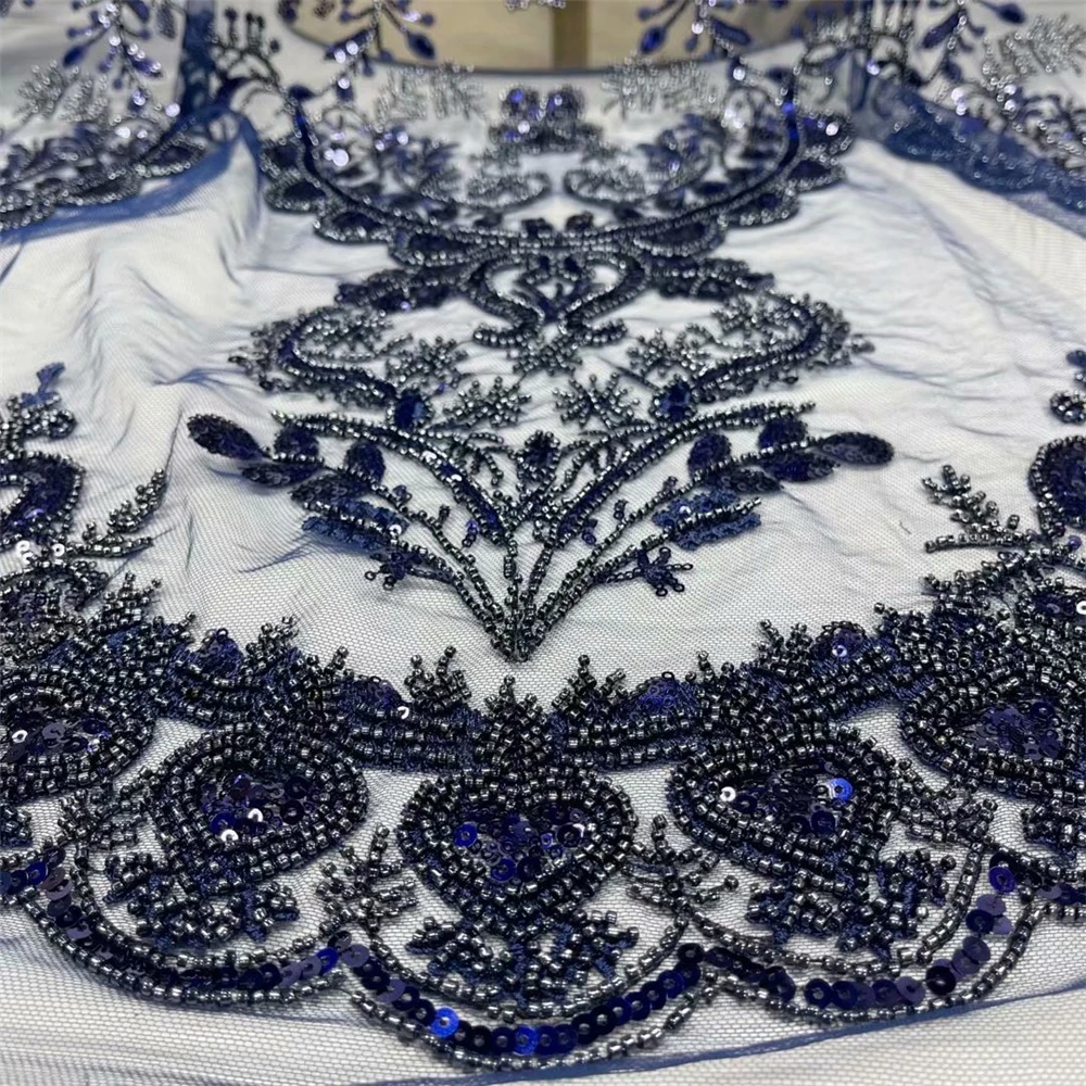 Высококачественная темно-синяя африканская кружевная ткань с бисером 2021 модные