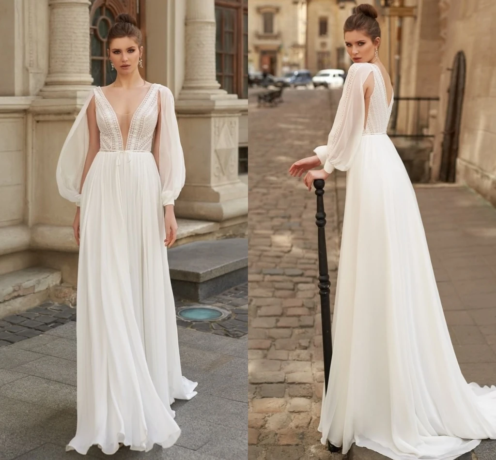 В стиле бохо свадебное платье с рукавами 2020 простое легкое летнее шифоновое