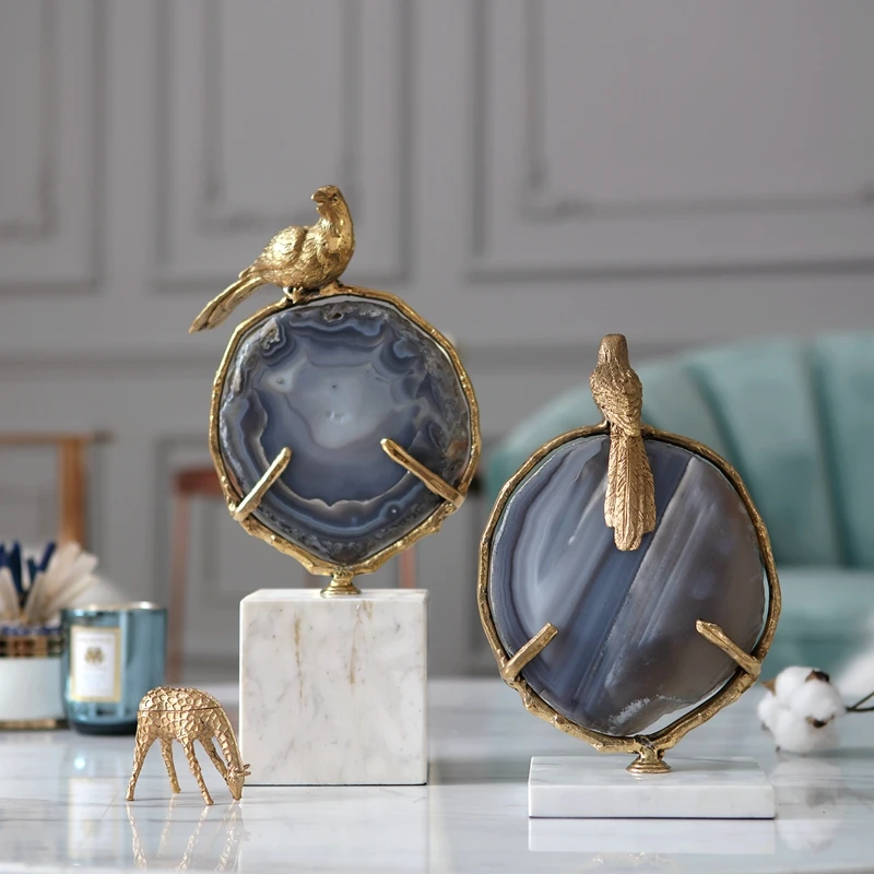 

Luxury Gold Brass Bird Stand Branch Natural Agate Stone Figurines For Home Decor Living Room Hotel Office Marble Crafts Gifts