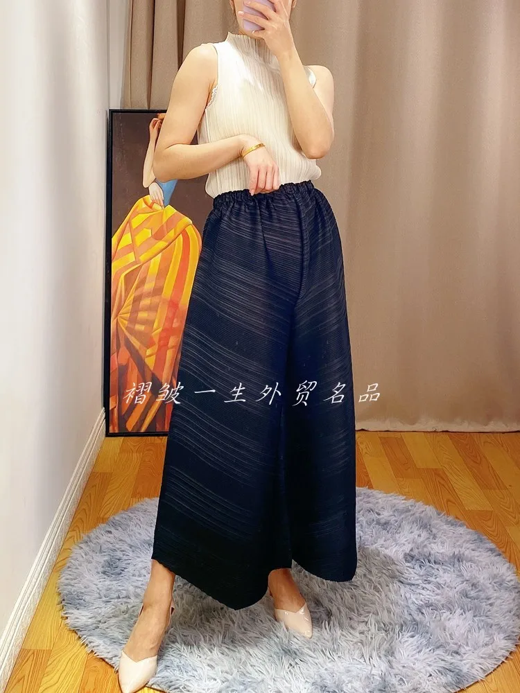 HOT SELLING Miyake fashion fold high waist all-match Gradient Wide leg pantswide leg pants IN STOCK
