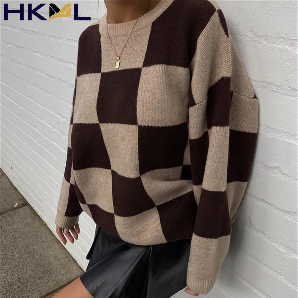 

Plaid Long Sleeve Sweater Fashion Casual Knitted Patchwork Pullover Autumn Winter 2021 O Neck Streetwear Loose Women Sweater