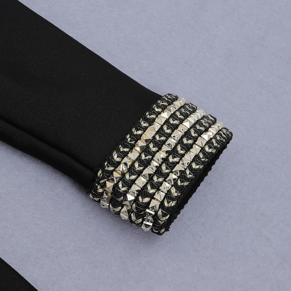 

PB Chic Black Dress Beads Embellished Waist Hollow Out Design Long Sleeves Celebrity Party Club Bandage Vestido Free Shipping