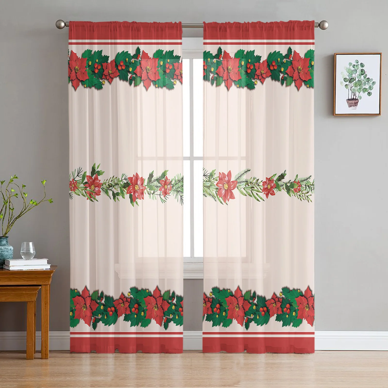 

Прозрачные шторы с рождественскими цветами для гостиной, спальни, домашнего декора, шифоновая вуаль рождественские шторы