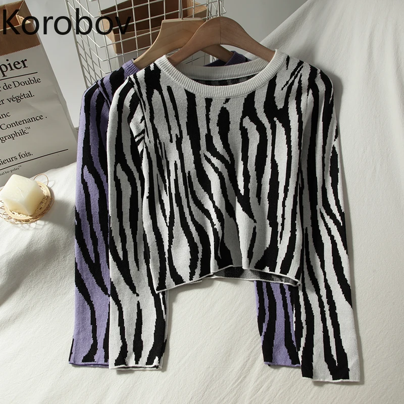 

Korobov Fashion Zebra Pattern Women Knit Pullovers Korean Elegant Office Lady Sweaters Vintage O Neck Hit Color Sueter Mujer