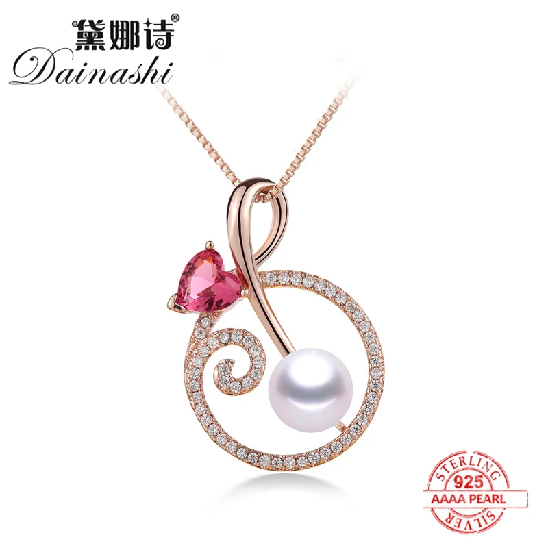 Natural Freshwater Pearl Shiny Pink Love Crystal Pendants Fashion Zircon Rose gold Necklace 925 sterling silver(No Chain) | Украшения и