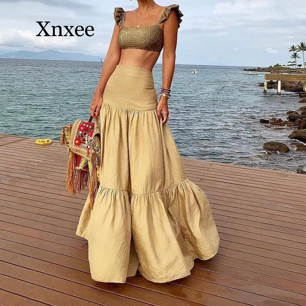

Long Skirt Elegant Style Women Pleated Maxi Khaki Skirts 2019 Beach Boho Summer Skirts Faldas Saia Jupe Femme