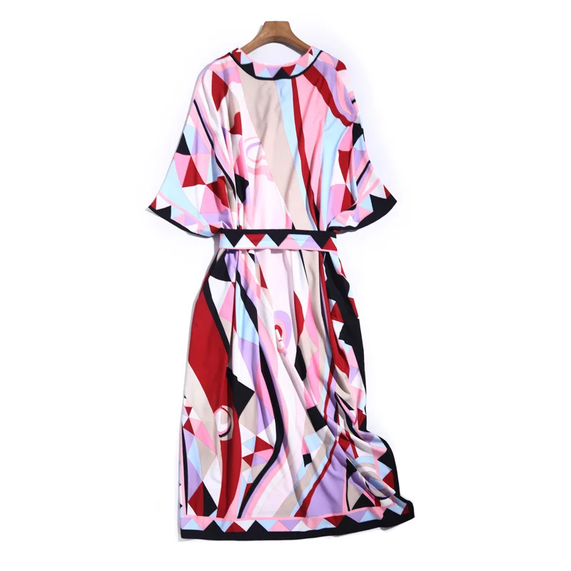 

Maxi Long Dress Designer Fashion Loose Bohemian Spring Autumn Vintage Batwing Sleeve Belt Printing Holiday Casual Dresses