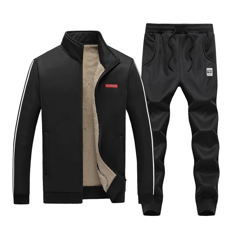 Зимние мужские флисовые утепленные куртки с капюшоном и штаны теплые черные