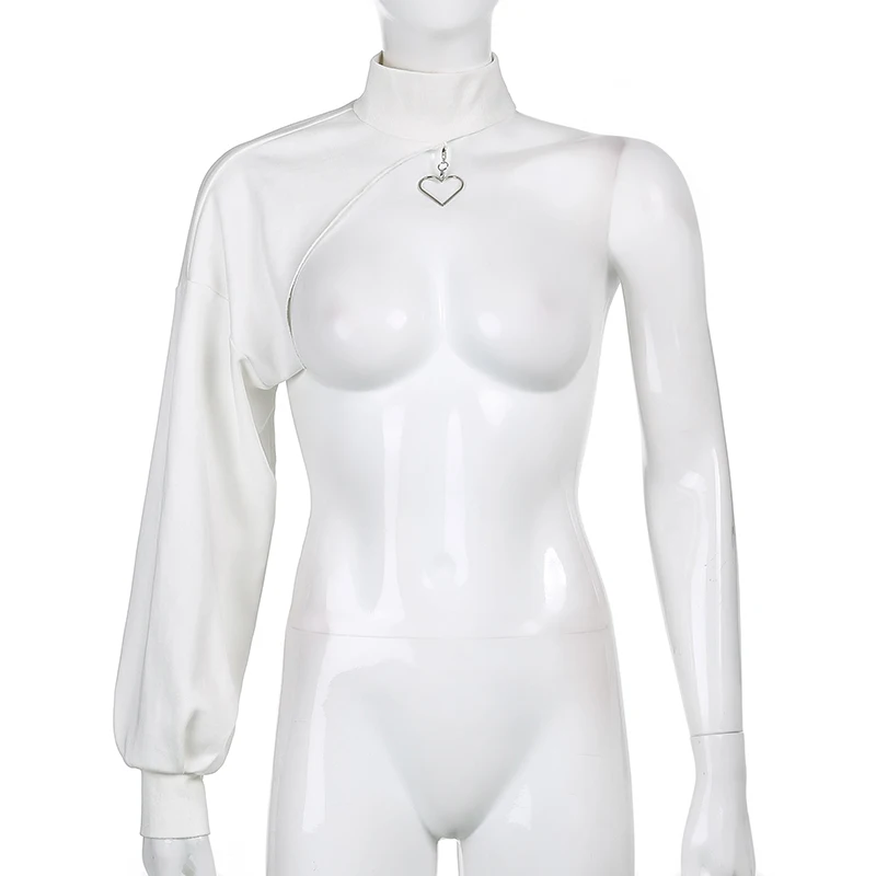 

One Summer Tshirt Shoulder Halter Crop Top White Casual Long Sleeve Knitted Sleeves T Shirt Women Streetwear Hip Hop 2021