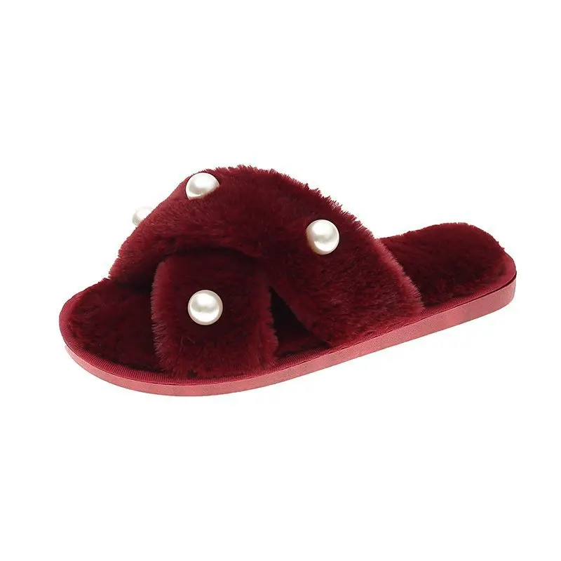 

Slippers Women Plus Velvet Fashion Plush Women Slippers Pearl Flat Comfortable Plush Shoes Women