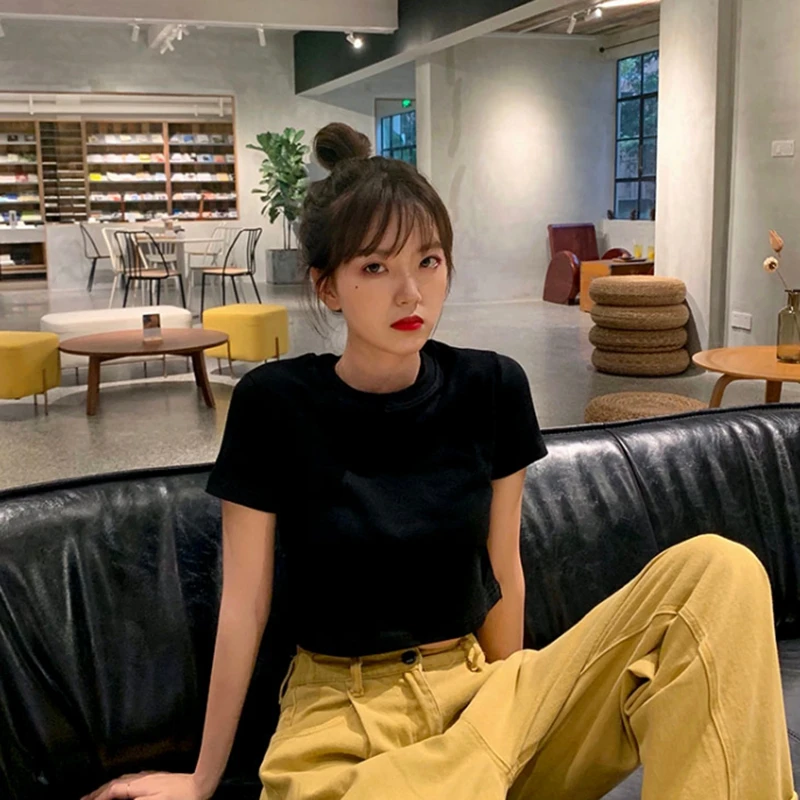 

Vogue Pink Sweet T Shirt Women 2021 New Short Sleeve Cotton Crop Top Ladies Sheer Tshirt Women Sexy Tops for Women Summer