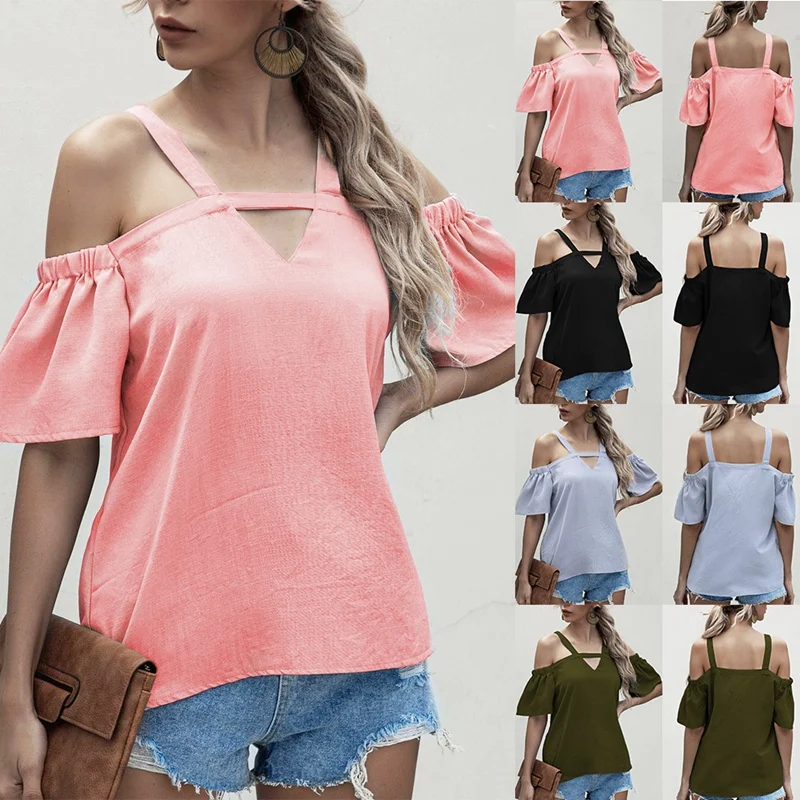 Women V-Neck Strapless Loose Short Flare Sleeve Summer Female Casual Tops