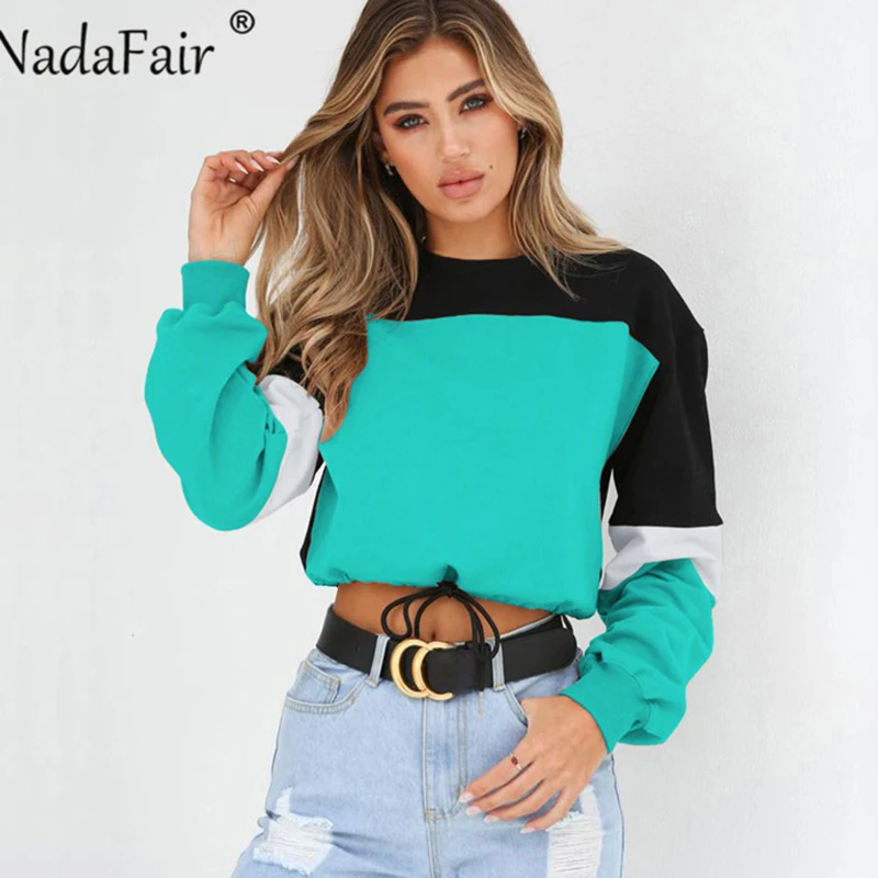 Nadafair, Цветные Лоскутные Свободные повседневные толстовки, женские свитшоты, Осенние сексуальные укороченные топы с эластичной талией, уличная одежда, Sudadera Mujer