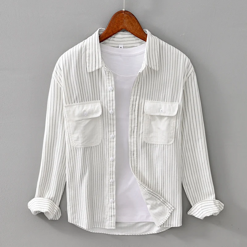

2021 Autumn New Vintage Striped Shirts for Men Pure Cotton Casual Comfortable Long Sleeve Tops Button Up Shirt Clothes