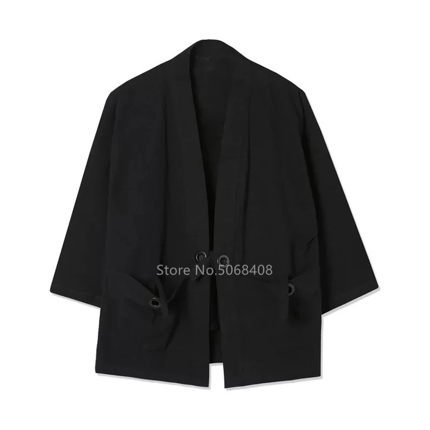 

2021 Asian Japanese Traditional Kimono Clothing Men Streetwear Chinese Style Cosplay Costume Black Cardigan Fashion Haori Coat