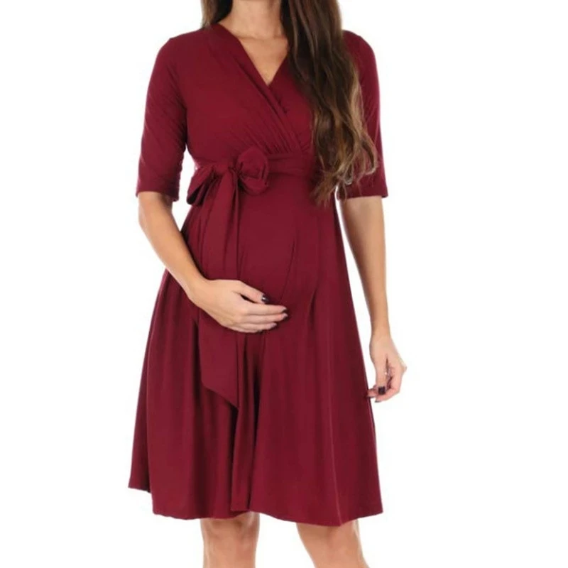Summer Women Moms Pregnancy Nursing Dress Maternity Clothes Casual Simple Trend Style Solid Color V Neck Half Sleeve Midi Desses