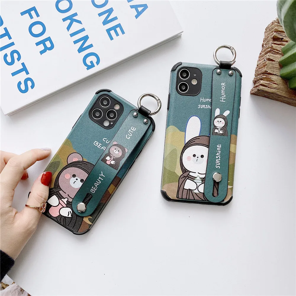 

Cartoon Vintage Silk Matte Phone Holder Case For iPhone 12 mini 11 Pro Xs Max SE X XR 6 7 8 Plus Rabbit Bear Wrist Strap Cover