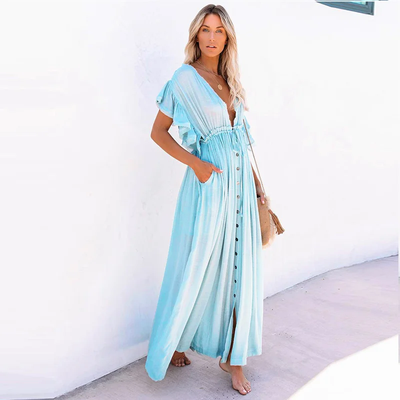 

Sale Women Tunic Robe Cover Up Dress Sexy Deep V Hollow Out Long Beachwear Lady's Waist Rope Long Skirt Sun Bathing suit