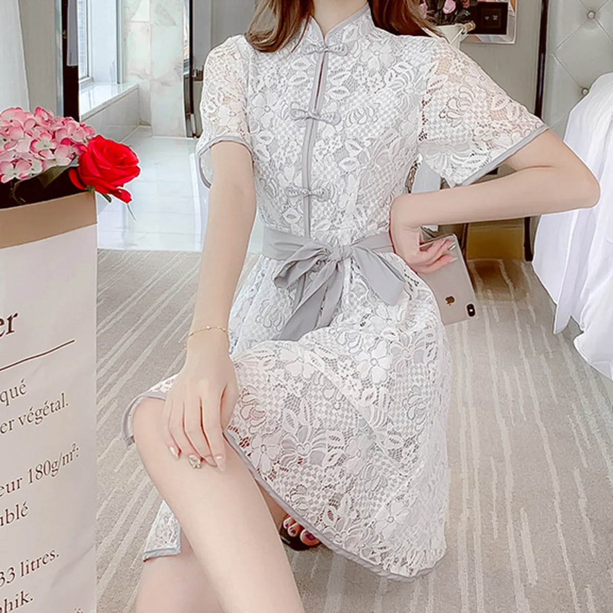 

New Style A Line Short Modified Cheongsam Dress Summer 2020 Women High Waist Sashes Fashion Party Dress Robe Femme Soire