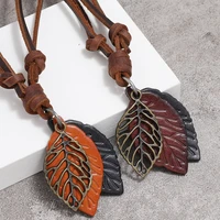 new creative hollow leather leaf pendant necklaces men jewelry vintage punk braided adjustable choker necklaces women