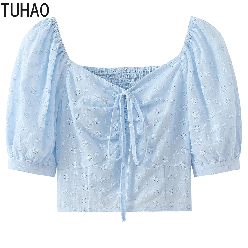 

TUHAO Sweet Style Women Summer Solid Blouse Shirt for Women Blue Tops Female Lady Clothes Puff Sleeve Casual Femmer Top Fashion