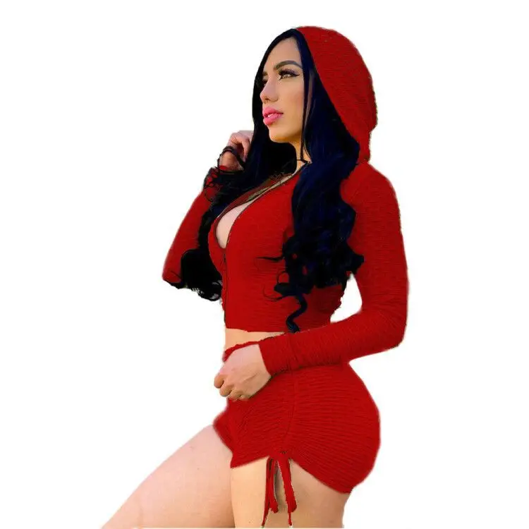 

Casual Hooded 2 Pieces Sport Set Long Sleeve Zip-up Crop Top and Tight Biker Shorts Wowmen Scrunch Butt Tracksuit Summer Shorts