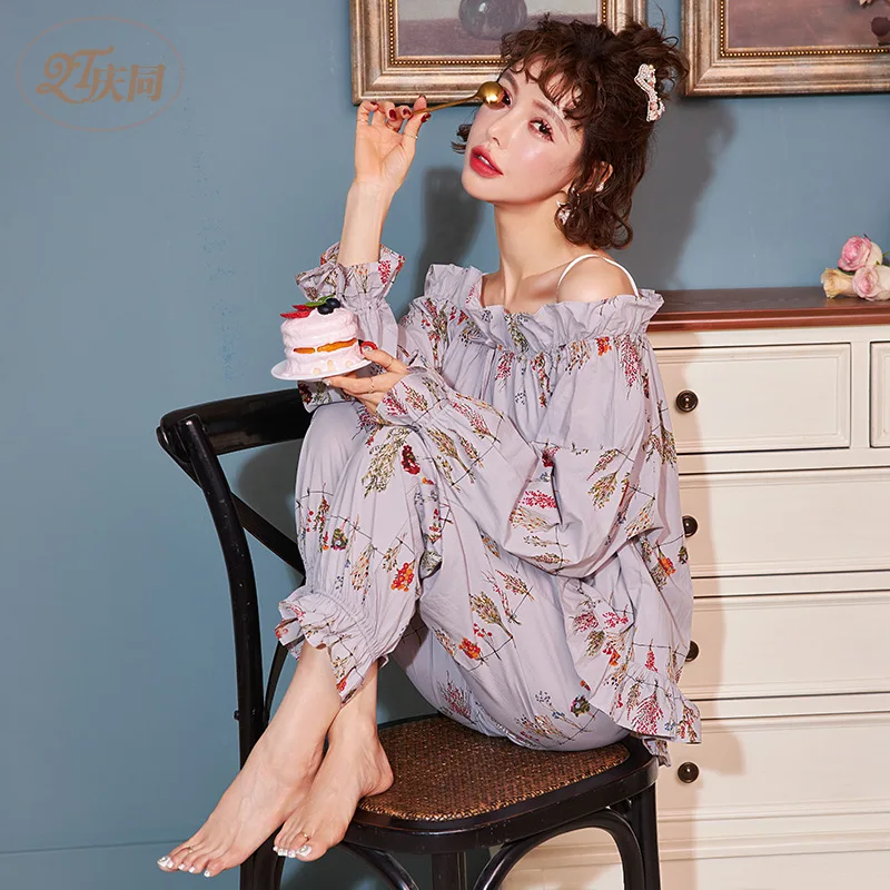 

Women Spring Korean-style Pajamas Fresh Sweet Cute Long Sleeve Pure Cotton Pijama Mujer Slash Neck Printing Sleepwear Two Piece