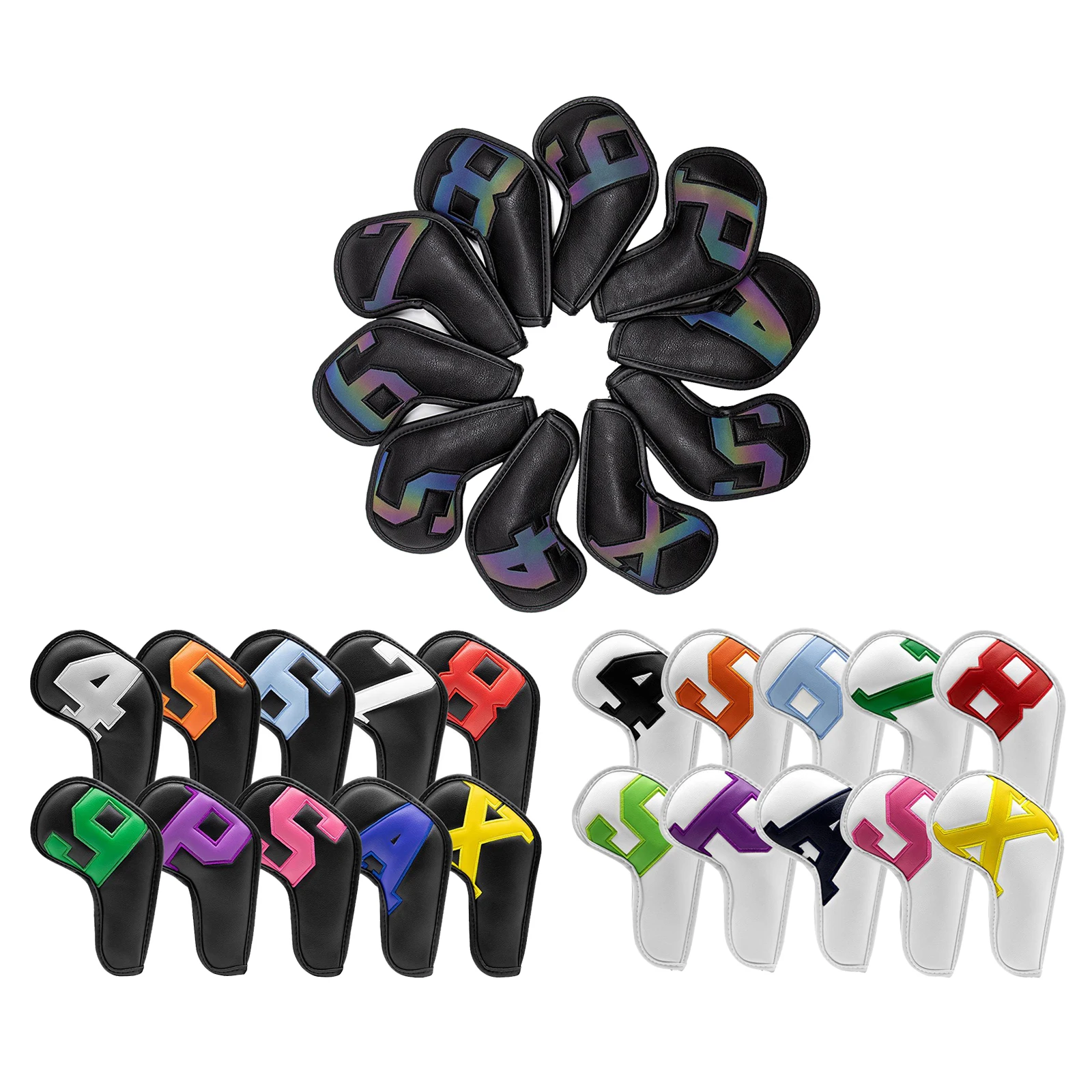 

10 Pieces Black PU Leather Golf Club Iron Head Cover Headcover Set Protector Cases Waterproof Long Neck Sleeves