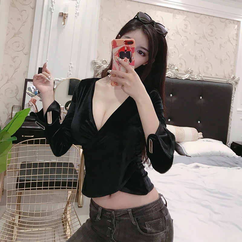 

TUHAO Sexy Women Long Sleeve T Shirt Tops Elegant Black Women's T Shirt Crop Top Bandage Streetwear Spring Summer Clothes LZ53