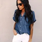 Модная женская Повседневная однотонная Мягкая джинсовая рубашка, топы с V-образным вырезом, блузка на пуговицах с коротким рукавом, куртка