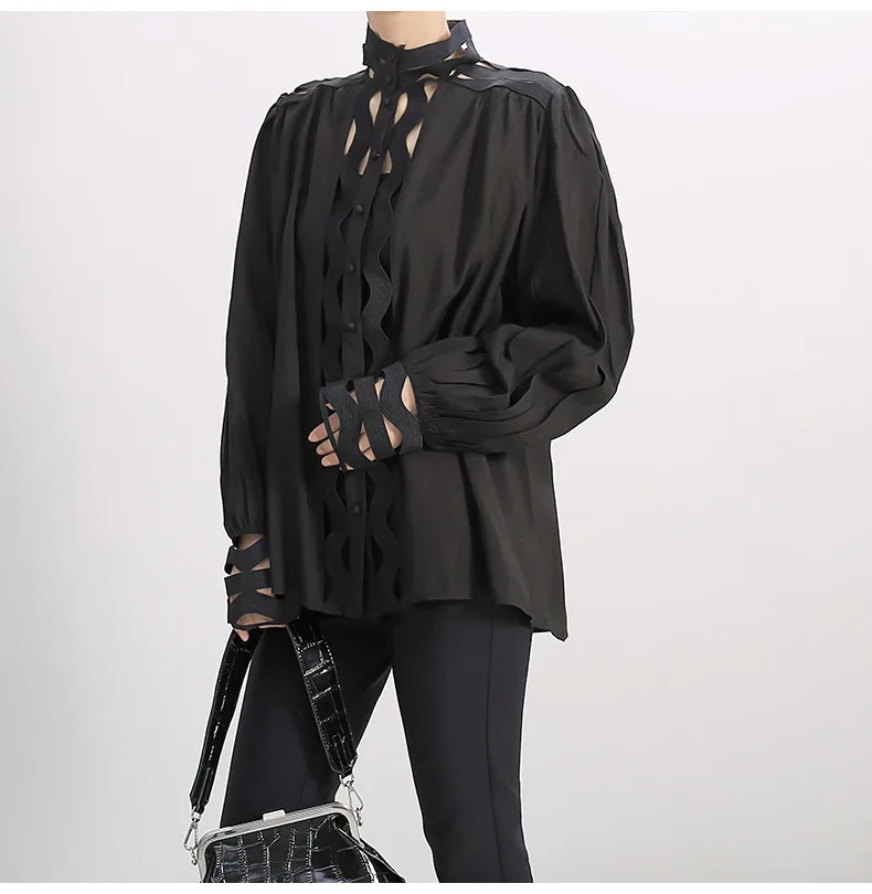 Max LuLu/модные корейские женские топы в стиле панк, хлопковые блузки, осенние женские сексуальные рубашки с дырками, Безразмерные с высоким воротом, свободная одежда