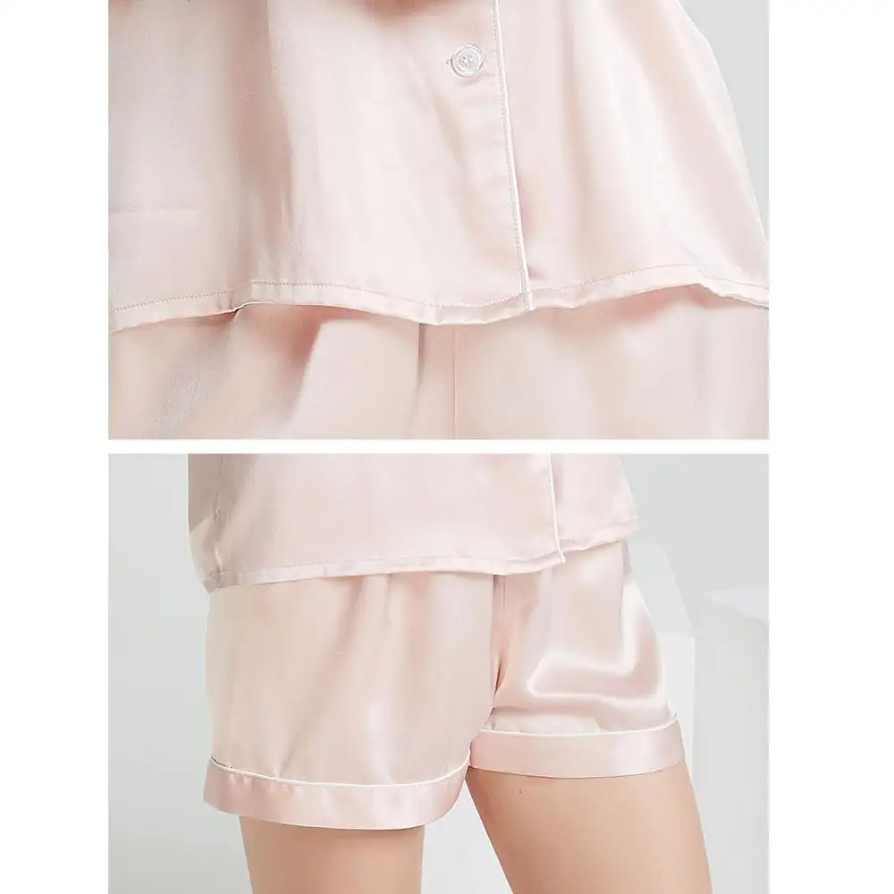 CAVME PLUS SIZE Silk Pajama Set for Women 100% Sleepwear 2 Pieces Short Sleeve Short Pants Solid Color Homewear Homeclothes