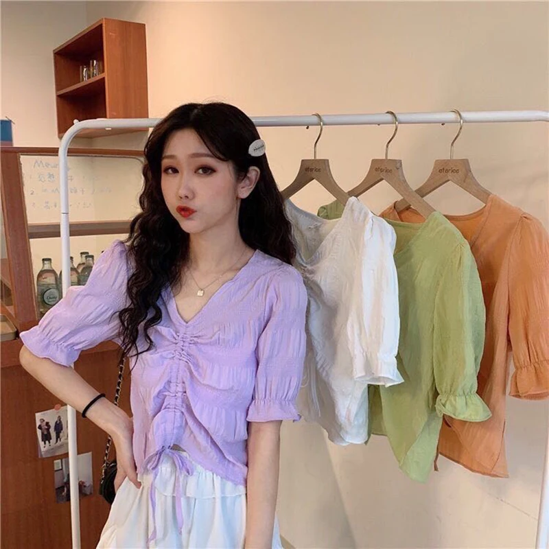 

Drawstring V-neck Vintage Crop Top Women 2020 Fashion Women Blouses Soild Short Sleeve Elegant Chiffon Shirts Korean Ladies Tops