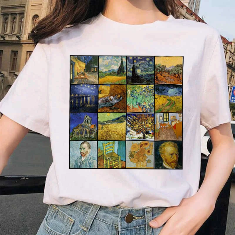 Van gogh женская футболка с рисунком кота, Рисунок маслом, решетка, принт, новая милая женская футболка, Повседневная футболка Harajuku, забавная футболка ulzzang grunge