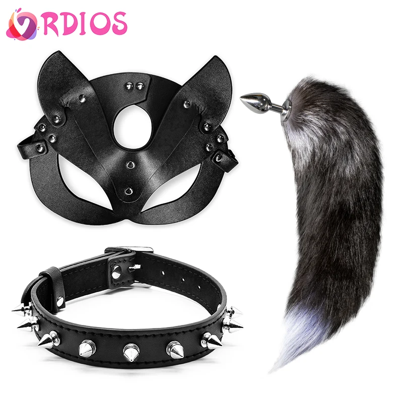 Анальная пробка vrбог с металлической лисой комплект маской и ошейником анальная