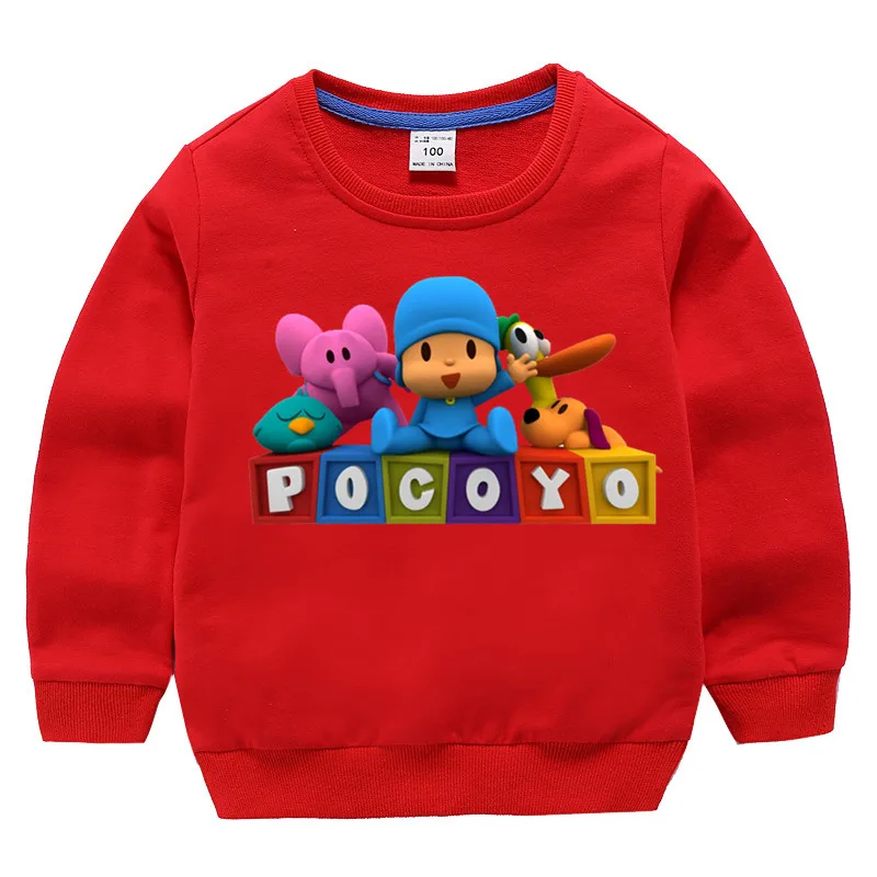 T127O-Red Детские хлопковые толстовки с капюшоном с принтом Pocoyo, хлопковый пуловер для девочек, топы для маленьких мальчиков, осенняя одежда - Цвет: T127O-Red