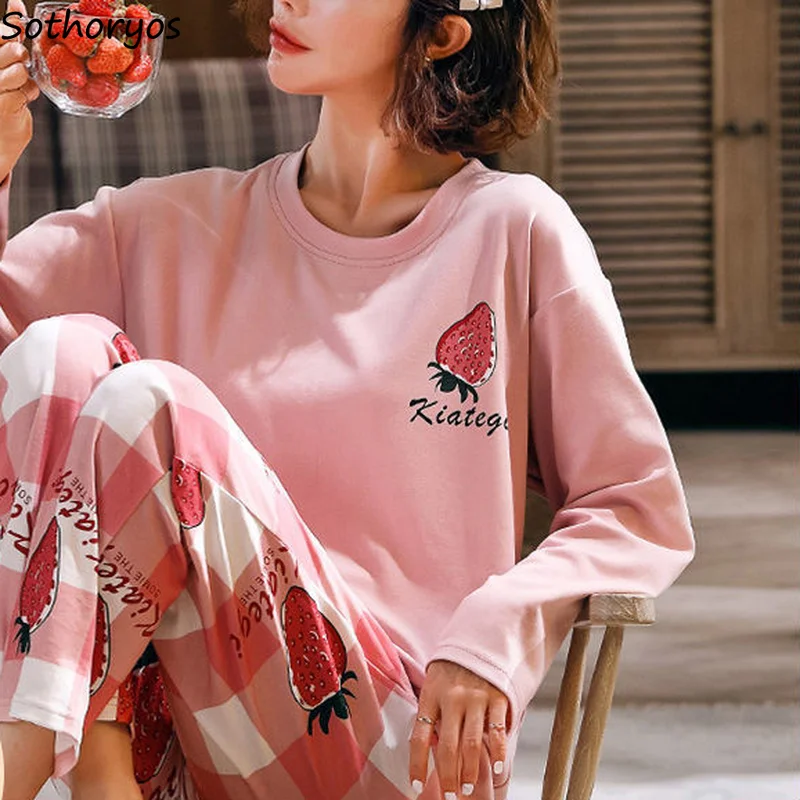 

Cartoon Women Pajama Sets Lovely Students Fashion Letter Printed Patchwork Long Sleeve O-neck Homewear Spring New Chic Leisure