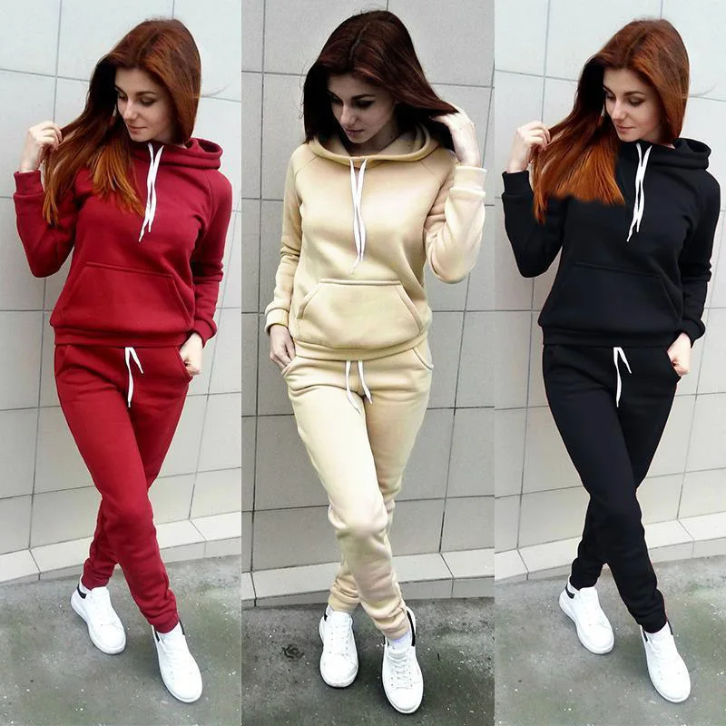 

Autumn plus velvet sweatshirt two-piece leisure hooded drawstring solid color women's sports hoodie suit