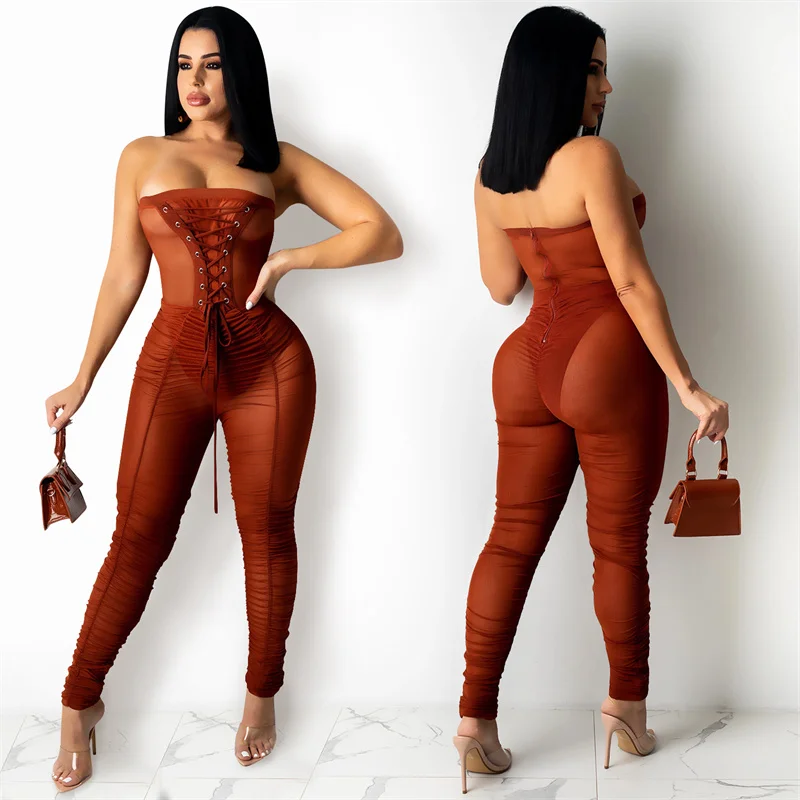 

CHRONSTYLE Strapless Off Shoulder Jumpsuits 2021 Sexy Women Front Lace-up Mesh Sheer See Through Bodycon Pants Rompers Clubwear