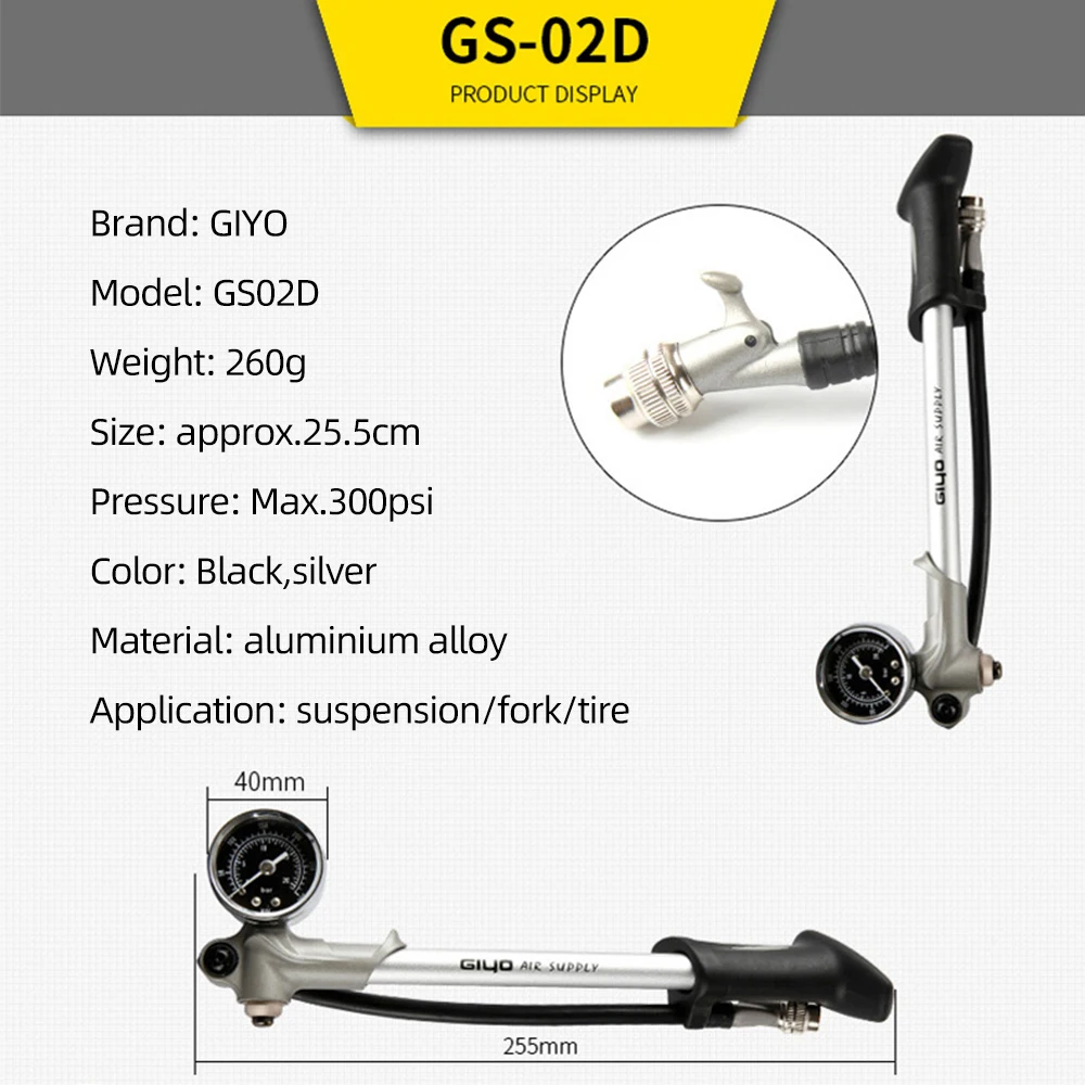 GIYO GS-02D Foldable 300psi High-pressure Bike Air Shock Pump with Lever & Gauge for Fork & Rear Suspension Mountain Bicycle