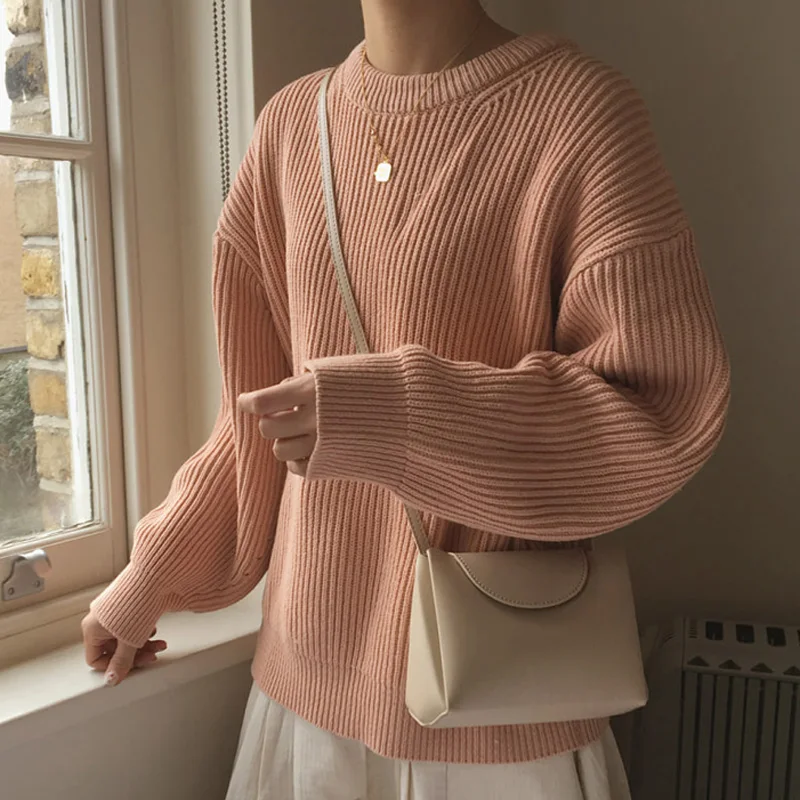 Женский свитер с круглым вырезом BGTEEVER теплый вязаный пуловер в Корейском стиле