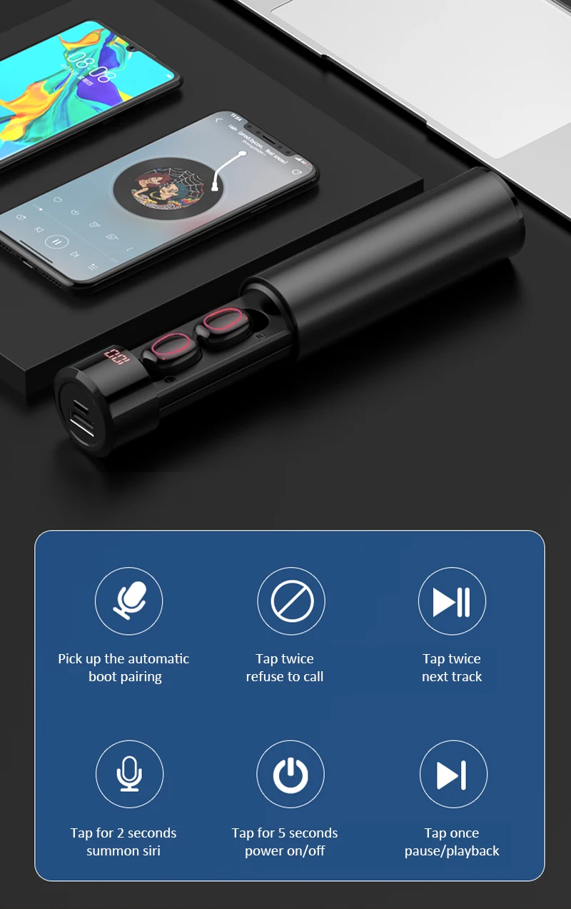 Светодиодный bluetooth-наушник с сенсорным экраном, мини TWS, беспроводные наушники V5.0, 6D, стерео звук, 3500 мА/ч, внешний аккумулятор, IPX6, водонепроницаемые наушники