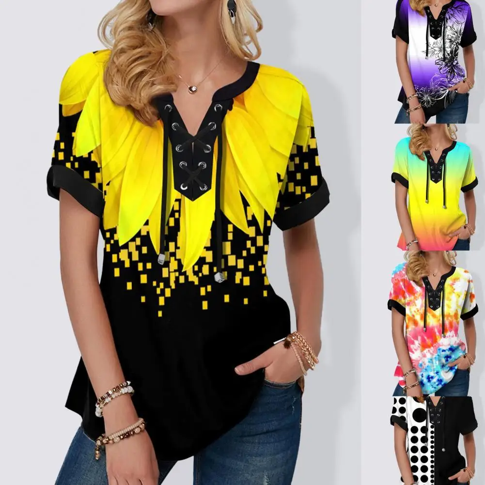 

Fashion T-shirt Colorful Print Lacing Women Short Sleeve Loose Blouse for Party