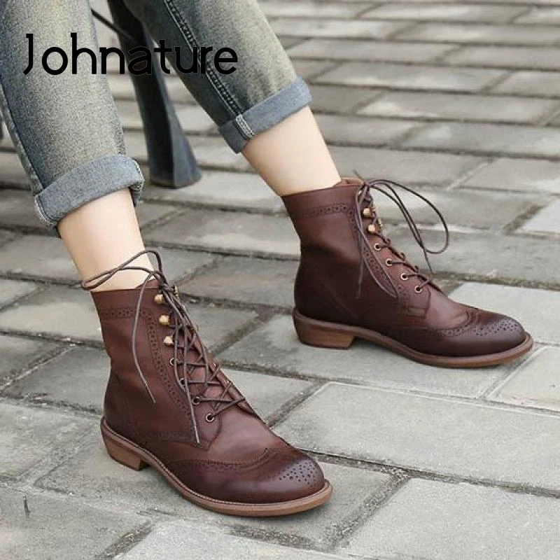 

Johnature Winter Shoes Women Boots Genuine Leather Lace-Up 2022 New Fashion Handmade Sewing Concise Leisure Platform Boots