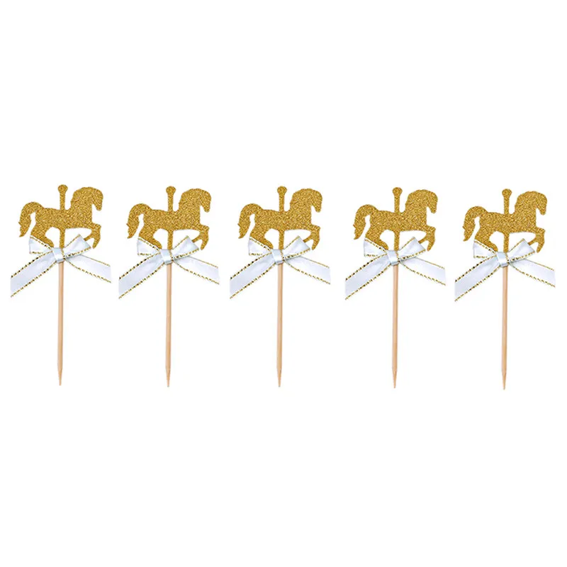 DIY Handmade Cake Decor Horse Cupcake Topper With Bow Tie Glitter Gold Carousel Wedding Party Birthday Decoration 5Pcs/Set | Дом и сад