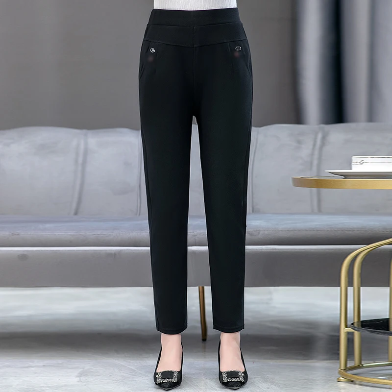 

Spring Autumn Middle Aged Women Black Straight Pant Elastic High Waist Trouser With Pocket Plus Size Casual Bottoms For Aged
