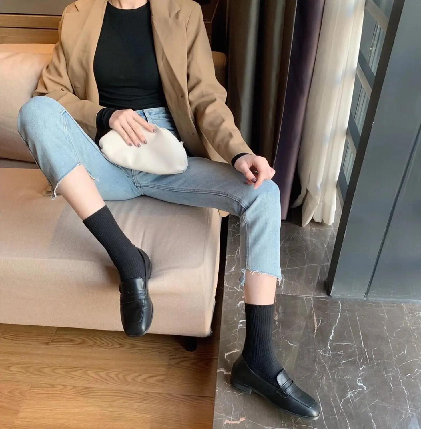 

Flat Black Shoes For Women Shallow Mouth British Style Round Toe Oxfords Female Footwear Autumn Slip-on Casual Sneaker New