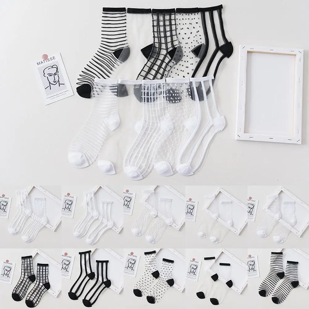 

2021 New Fashion Transparent Stripe Short Socks Hipster Harajuku Ankle Net Yarn Thin Socks Korean Glass Silk Socks for Summer