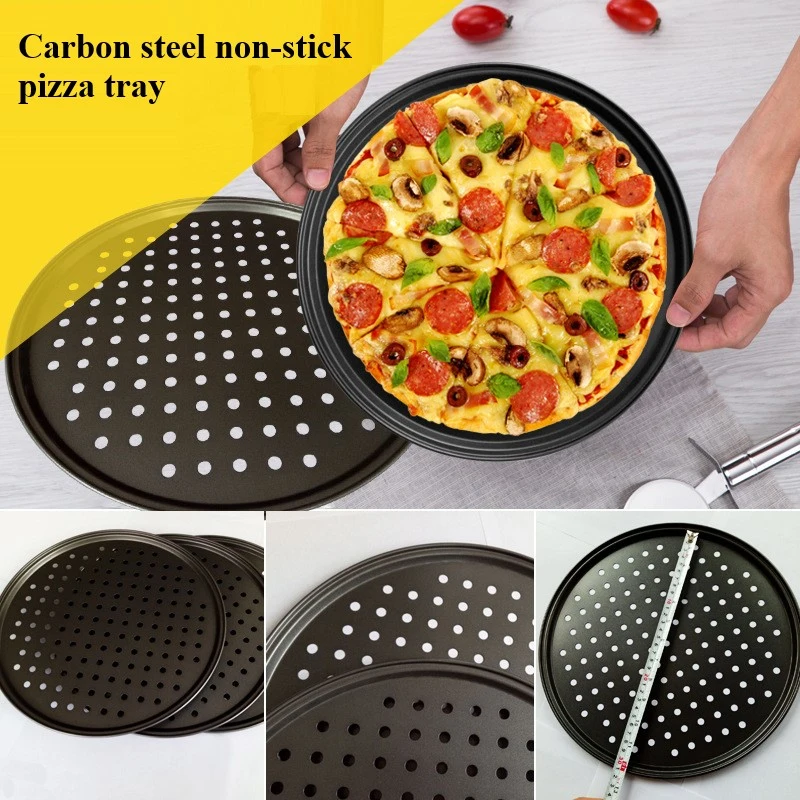 

Round Pizza Plate Deep Dish Tray Carbon Steel Pizza Pan Non-stick Coating Round Carbon Steel Punching Pizza Mold Baking Tray