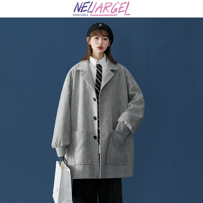 

NELLARGEL Women Korean Fashion Winter Trench Coat 2022 Female Windbreaker Tweed Jackets Coats Girl Luxury Vintage Bomber Jacket